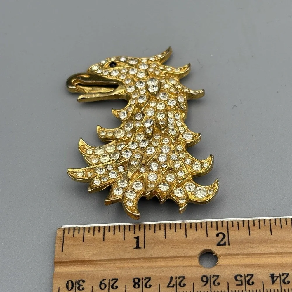 RARE Cadoro Brooch Griffin Winged Lion Rhinestone Heraldic 24K Gold Plate